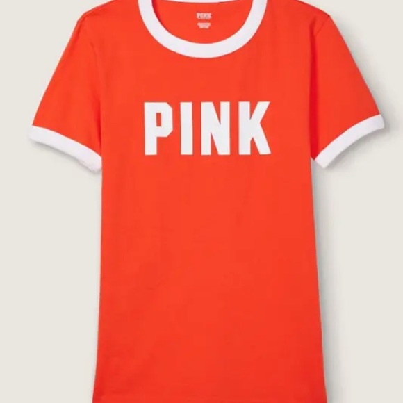 PINK Victorias Secret Short Sleeve Tee Orange White Trim Crew Neck Campus Large - Picture 4 of 9